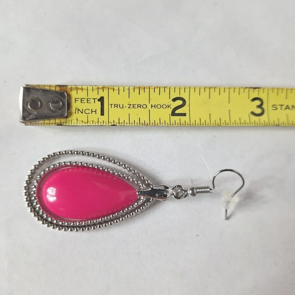 Silver Tone Pink Teardrop Dangle Studded Earrings Jewelry - Picture 3 of 3
